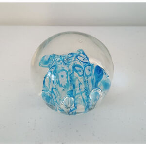 Vintage Millefiori Art Glass Paperweight Controlled Bubbles Blue Tones